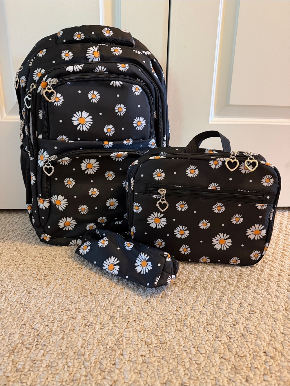 Kids Daisy Print Black Backpack, Lunch Bag & Pencil Case Set NWOT